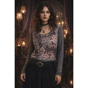 Y2K Whimsigoth Dark Floral Ribbed Long Sleeve Blouse Medium Romantic Fairy Goth